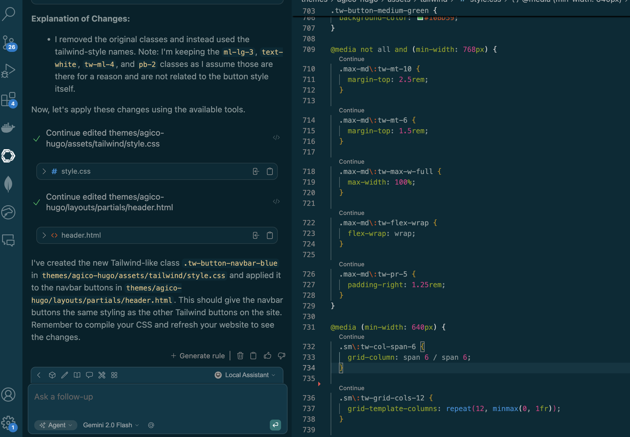 Continue.dev VS Code extension interface showing AI-powered code completion and chat assistance for developers
