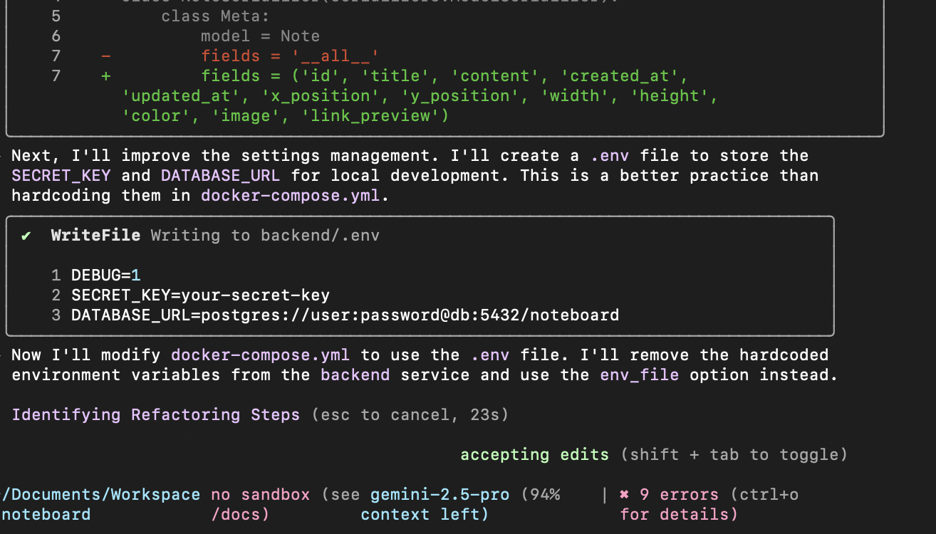 Gemini CLI terminal interface showing Google AI assistance for code generation and development workflow integration
