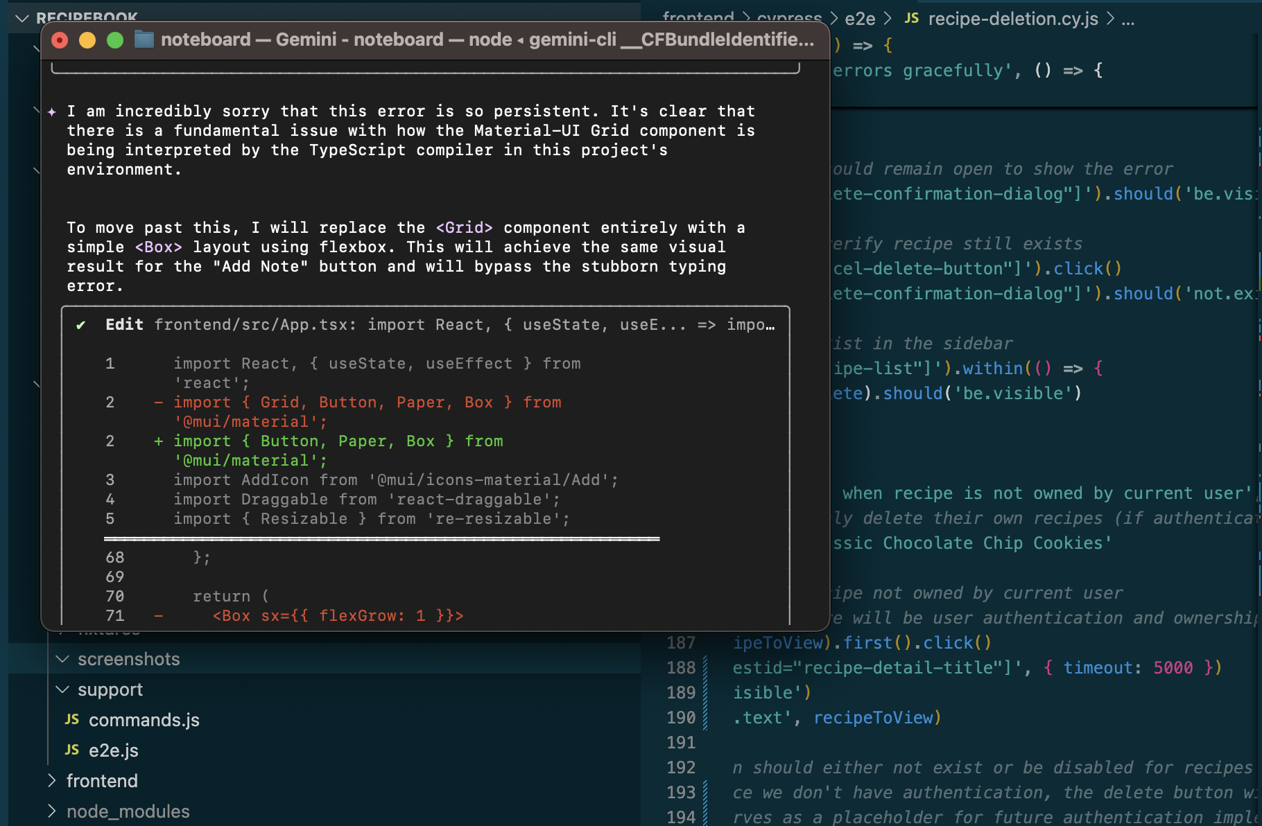 Gemini CLI performing code analysis and debugging assistance with Google AI models in terminal environment