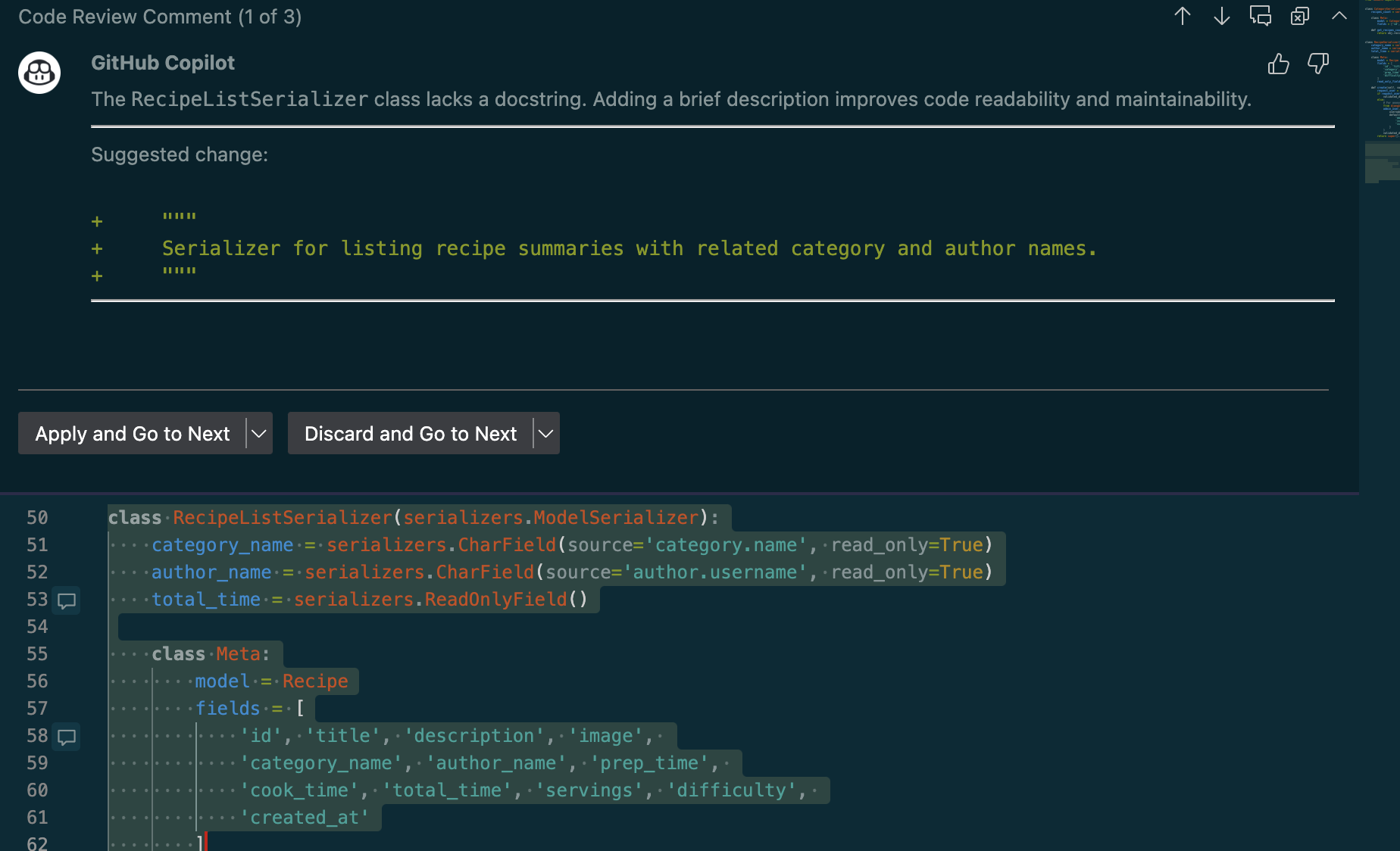 GitHub Copilot reviewing a highlighted code snippet