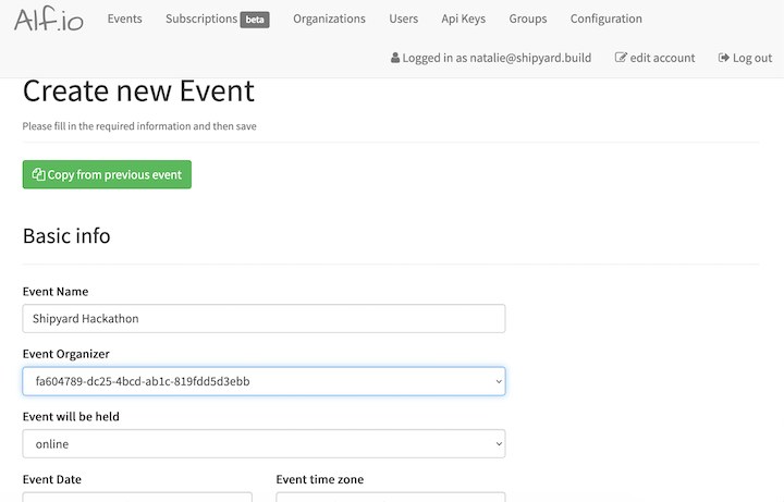 Alf.io app dashboard creating a new event