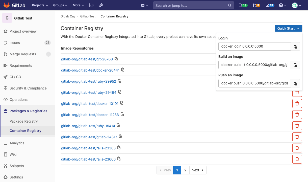 GitLab Container Registry dashboard