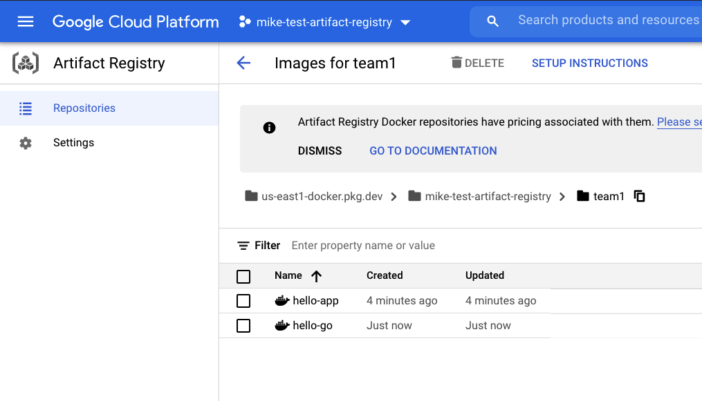 Google Artifact Registry dashboard