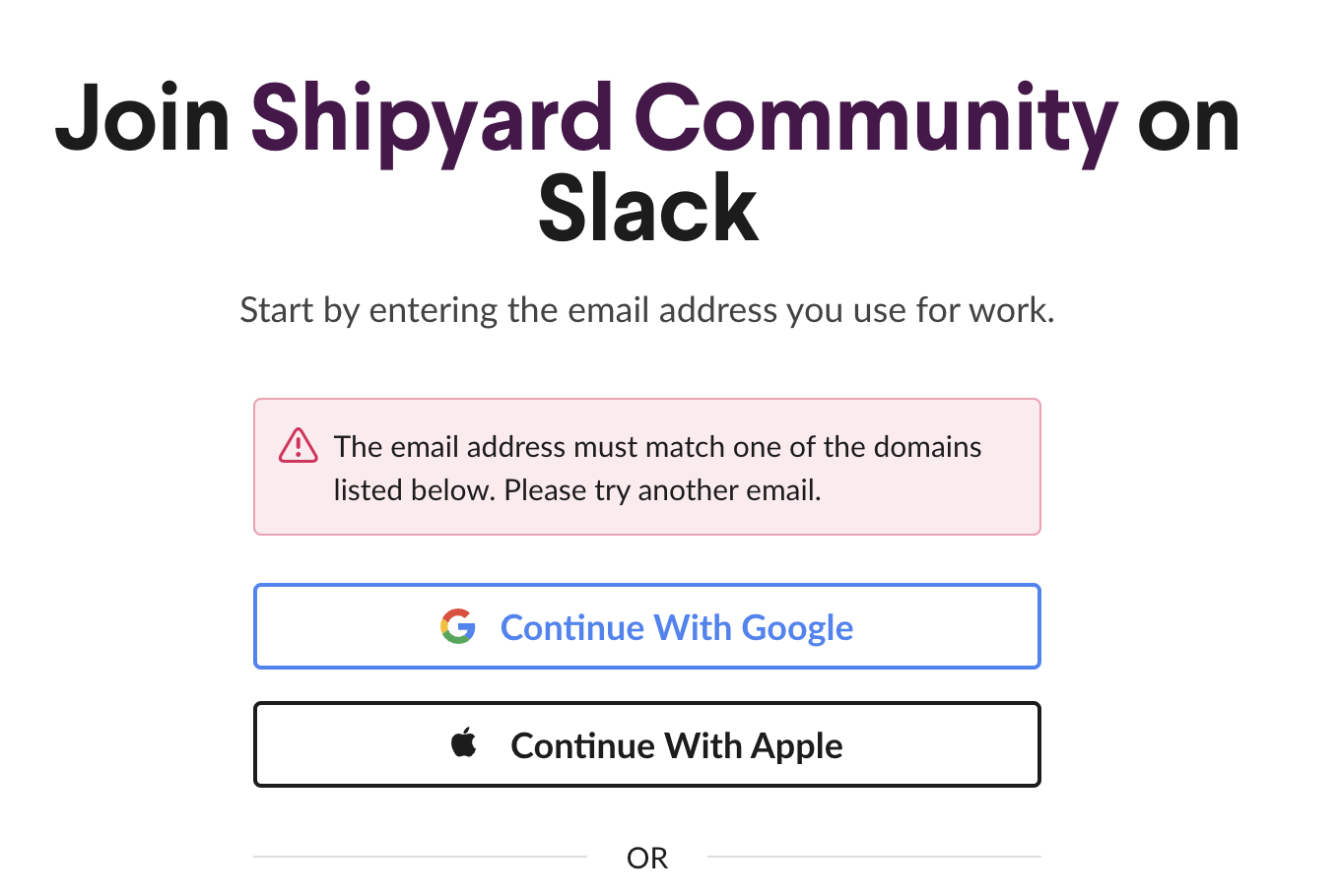 Slack invite requiring specific workspace domain