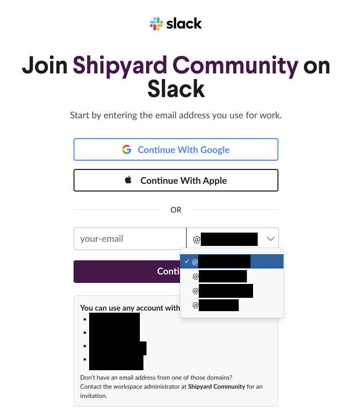 Slack invite showing list of pre-approved domains
