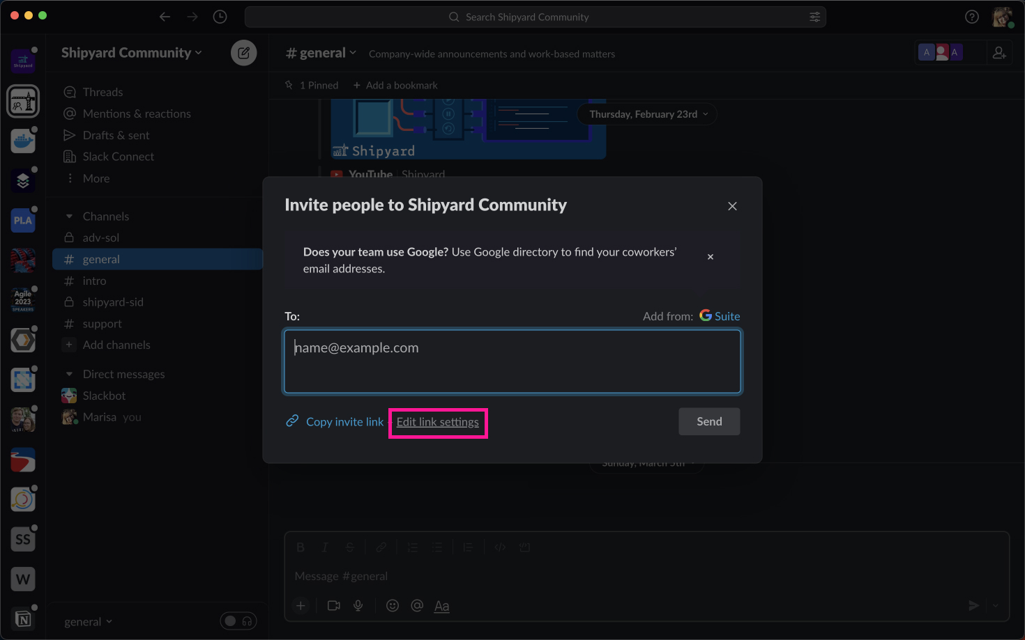 Slack edit link settings for community invite