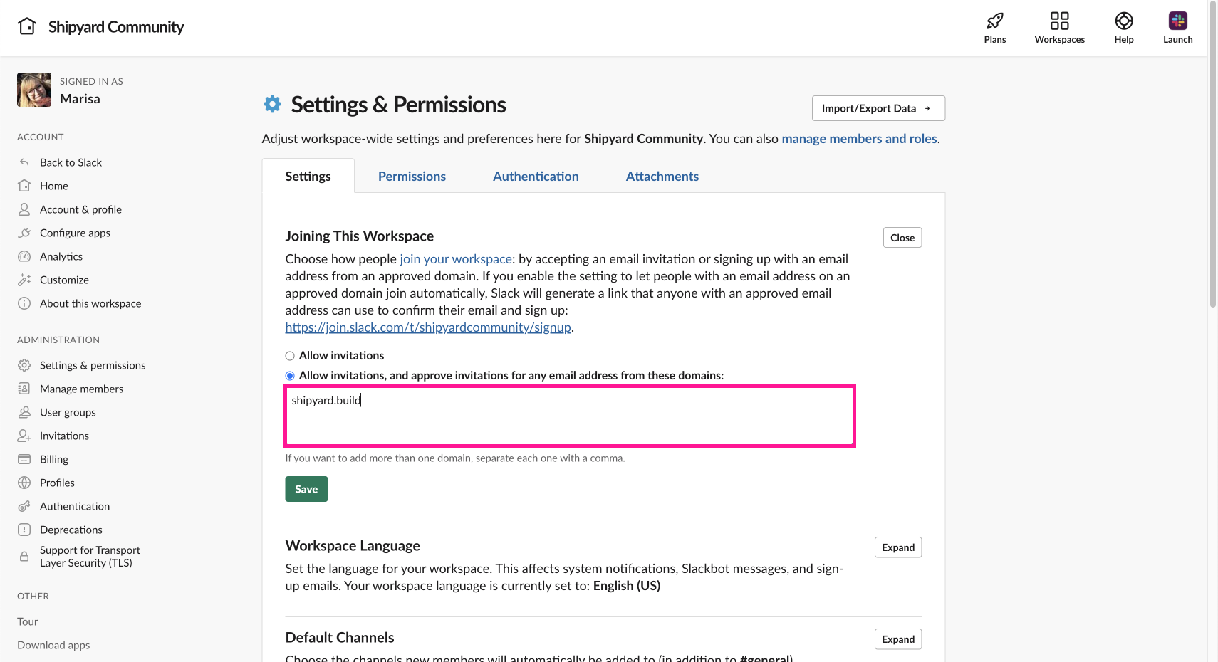 Slack settings for joining a workspace with pre-approved domains